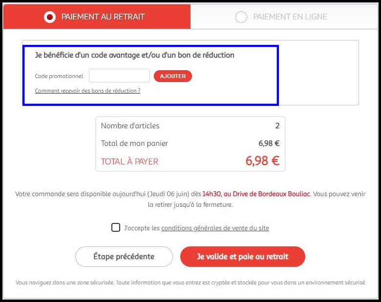 emplacement pour code promo Auchan.fr