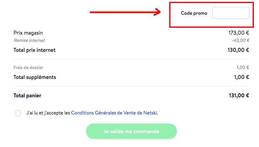 emplacement code promo Netski