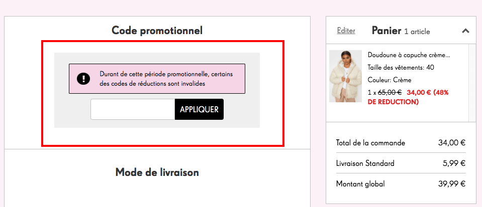 emplacement code promo PrettyLittleThing